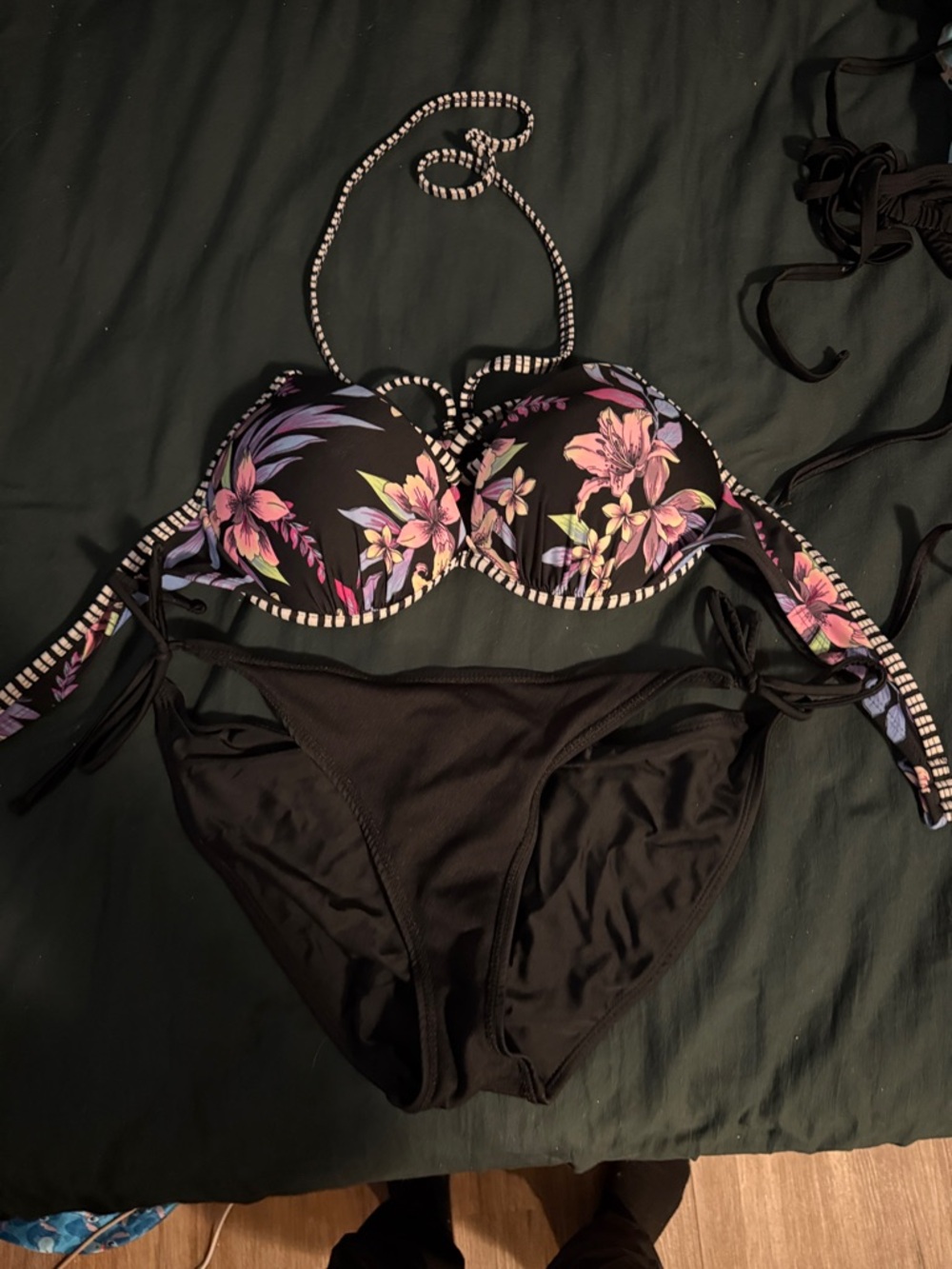 Floral Push-Up Bikini Set in Black with Pink & Purple Flowers